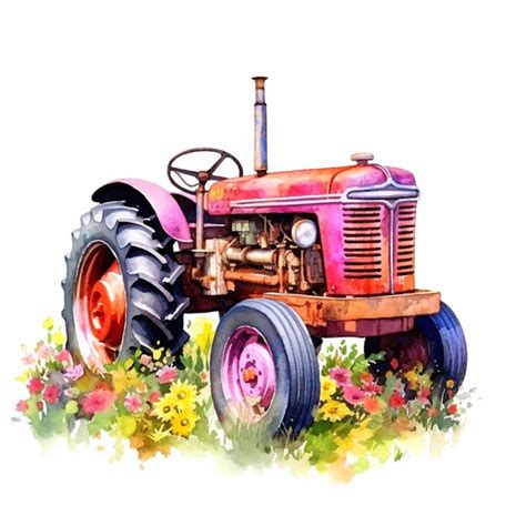 Premium Photo There Is A Watercolor Painting Of A Pink Tractor In The