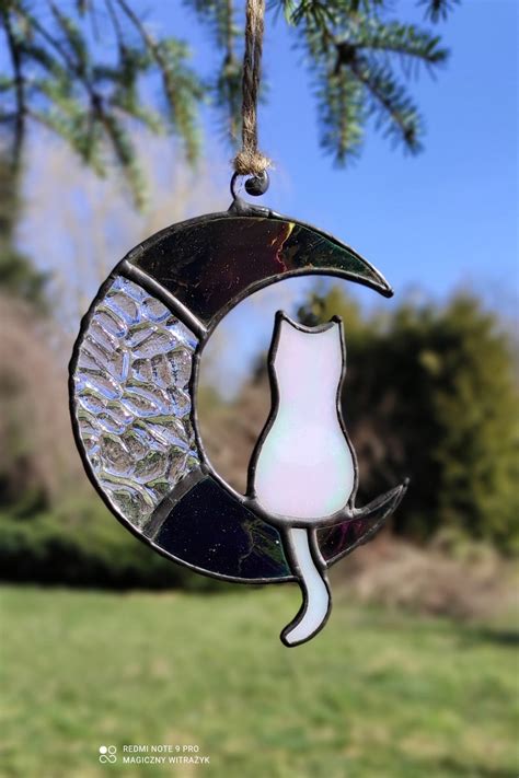 Stained Glass Black Cat On The Moon Suncatcher Window Ornament Hanging Decoration Crescent