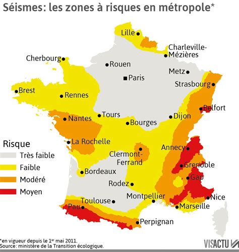 Carte Quels risques en France où sont localisées les zones sismiques