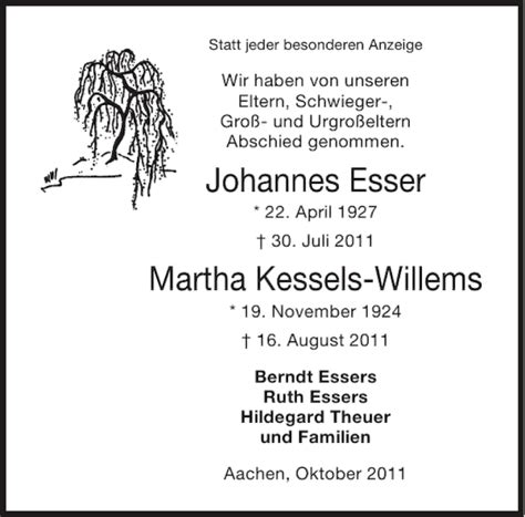 Traueranzeigen Von Johannes EsserMartha Kessels Willems Aachen Gedenkt