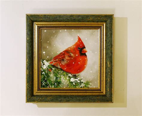 Red Cardinal Bird Painting Oil Original Painting in Framed | Etsy