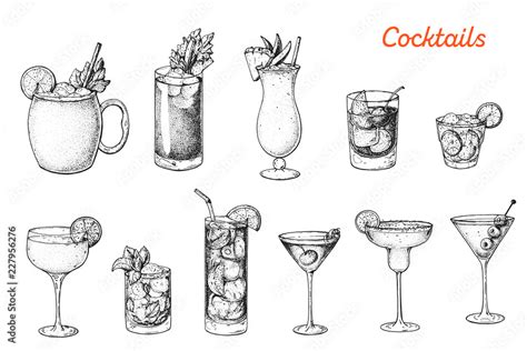 Alcoholic Cocktails Hand Drawn Vector Illustration Sketch Set Moscow