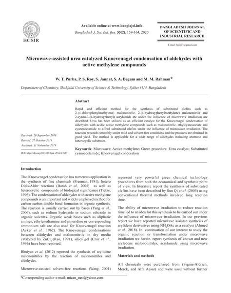 PDF Microwave Assisted Urea Catalyzed Knoevenagel Condensation Of