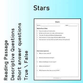 Stars Reading Comprehension Passage Printable Worksheet Tpt