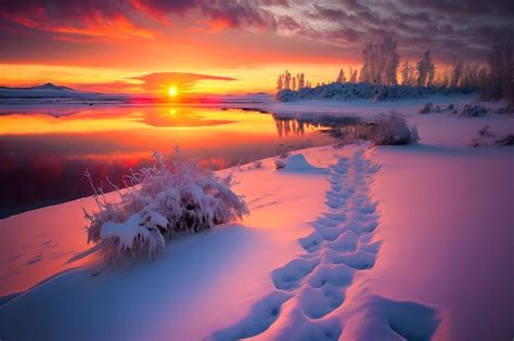 Paysage De Coucher De Soleil Dhiver Avec Des Arbres De Neige Aux