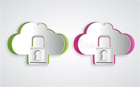 Paper Cut Cloud Computing Lock Icon Isolated On Grey Background Security Safety Protection