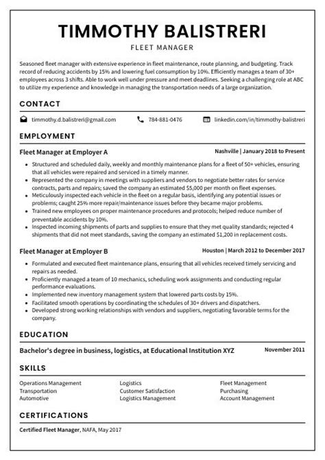 Fleet Manager Resume Cv Example And Writing Guide