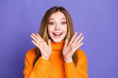 Portrait Photo Of Youth Charming Blonde Hair Cute Happy Smile Girl In Orange Sweater Raised