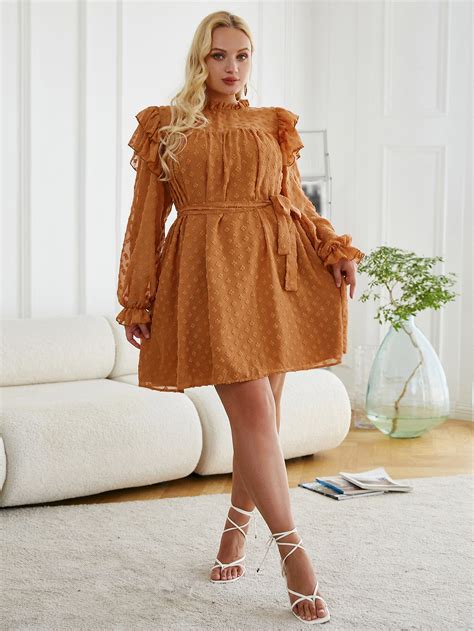 Simplee Plus Swiss Dot Ruffle Trim Flounce Sleeve Belted Chiffon Dress