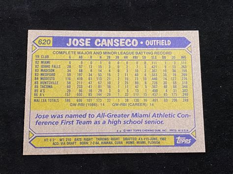 Lot Mint 1987 Topps Jose Canseco Rookie 620 Baseball Card