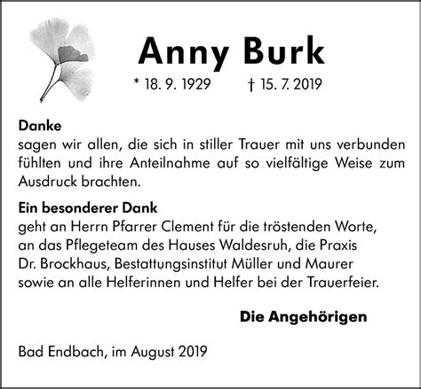 Traueranzeigen Von Anny Burk Vrm Trauer De