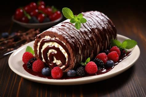 Premium Ai Image Chocolate Cake Roll Wtih Berries Pastry Snack