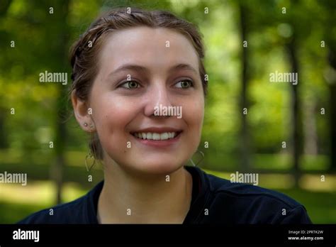 Girl Smiling Outdoor Young 18 Year Old Woman Portrait Short Hair Stock