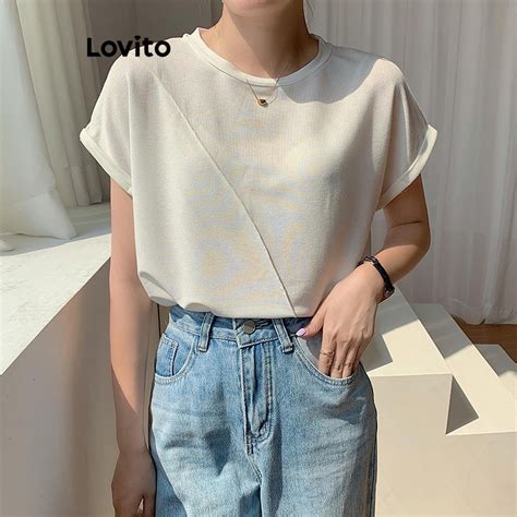 Lovito Women Casual Plain Structure Line T Shirt LNE43199 Shopee