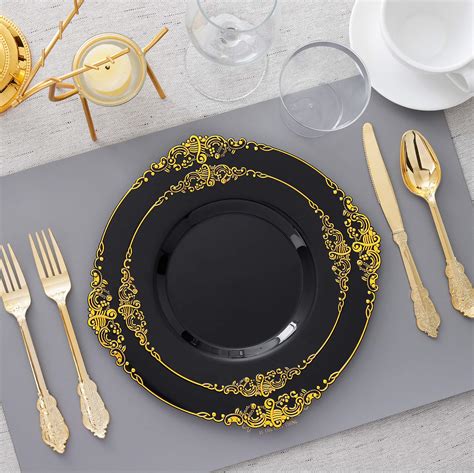 Hioasis Pcs Black And Gold Plastic Plates With Gold Plastic