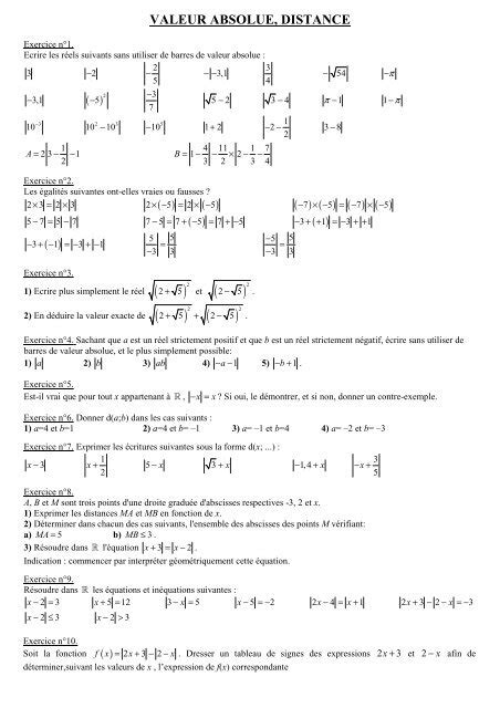 Valeur Absolue Exercice Corrigé Pdf