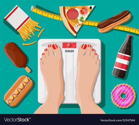 Overweight Woman Standing On Bathroom Scale Vector Image