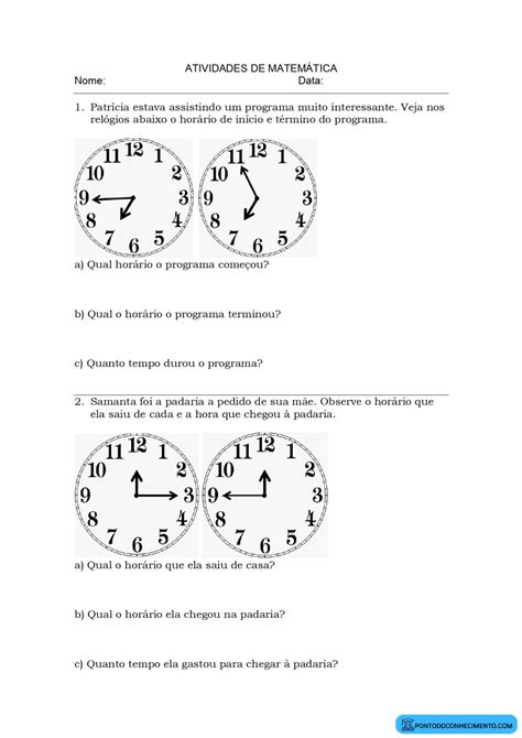 Atividades sobre medida de tempo relógio e passagem de tempo