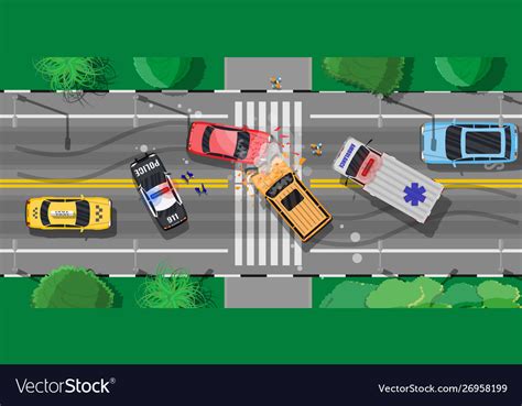 Road Accident Between Two Cars On Crossroad Vector Image