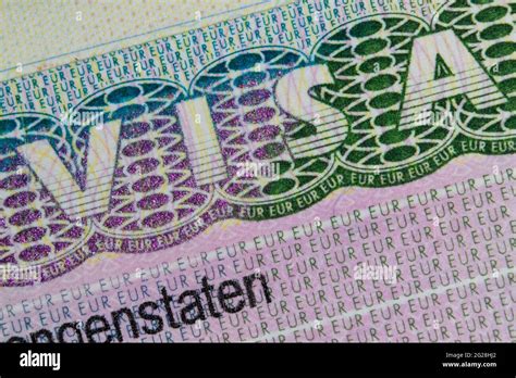 Schengen European Visa Stamp In The Passport Clouse Up Fragment Of