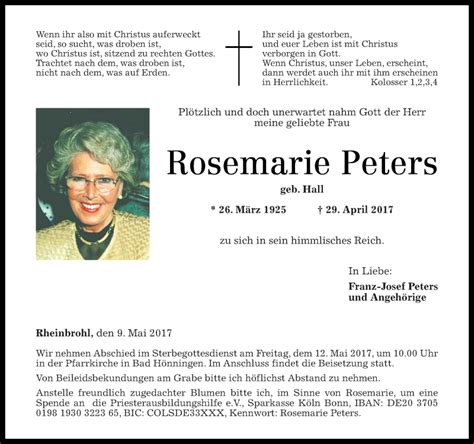 Traueranzeigen Von Rosemarie Peters Rz Trauer De