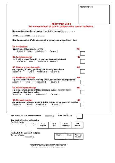 Abbey Pain Assessment Scale Chart Download Printable PDF | Templateroller