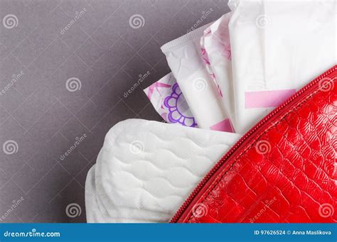 Menstrual Tampons And Pads In Cosmetic Bag Menstruation Time Hygiene And Protection Stock