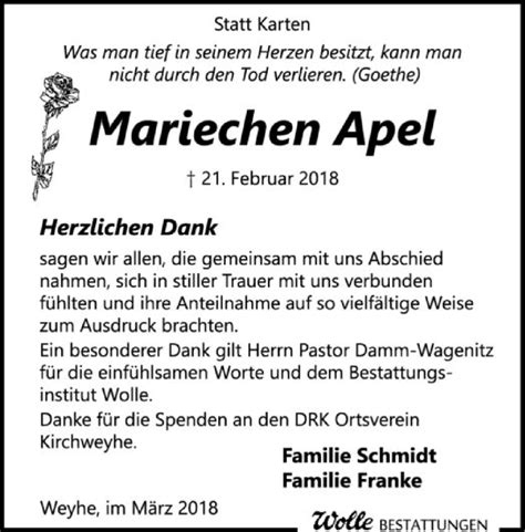 Traueranzeigen Von Mariechen Apel Trauer Kreiszeitung De