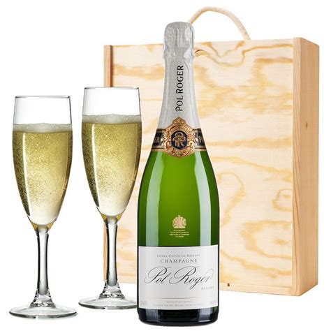 Pol Roger Brut Reserve Champagne 75cl And Flutes In Pine Wooden Gift