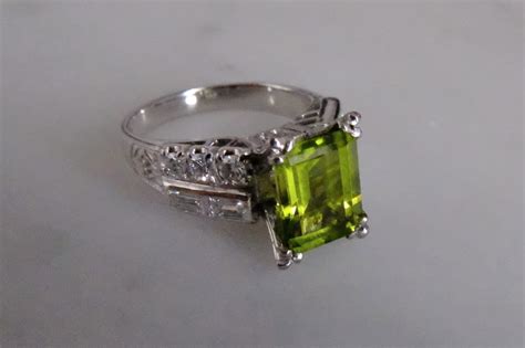 Vintage Platinum Peridot Ring, Emerald Cut | Gem Gardener