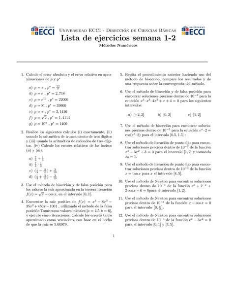 Lista de ejercicios métodos numéricos semana 1 2 Universidad ECCI