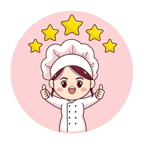 Cute Y Kawaii Chef O Panadero Con Pulgares Arriba Cinco Estrellas