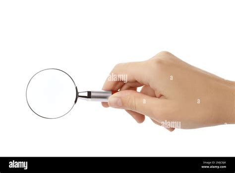 Woman Holding Magnifying Glass On White Background Closeup Stock Photo