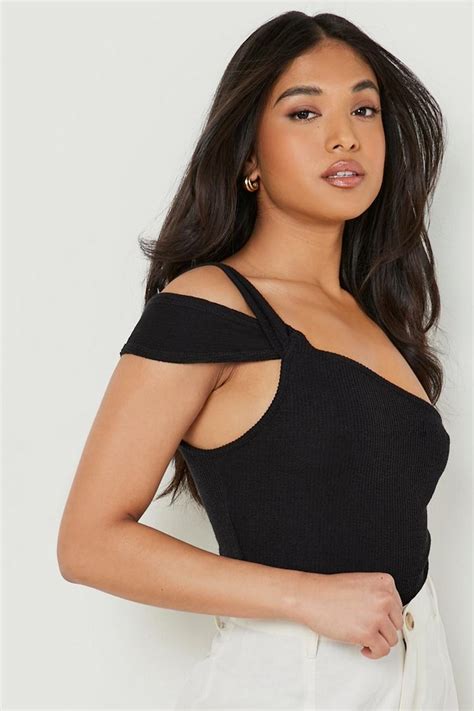 Tops Petite Double Strap Ripple Rib Bodysuit Boohoo