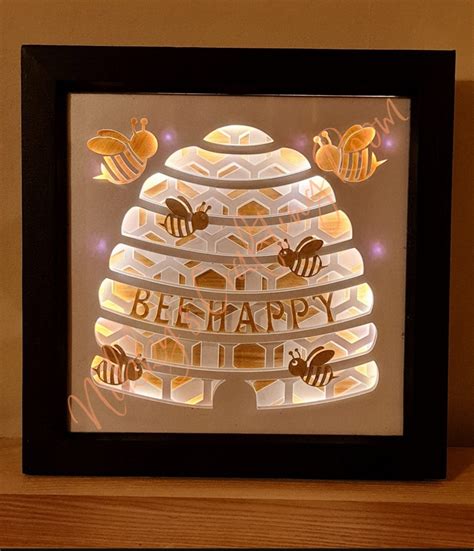 Bee Happy 3d Shadow Box Svglight Box Templatedigital Etsy