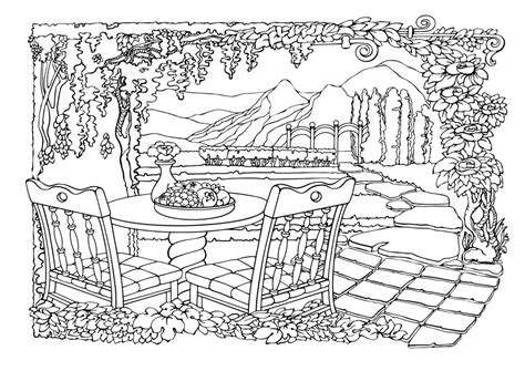 Romantic secret garden. Coloring Pages. Cozy yard, table, chairs ...