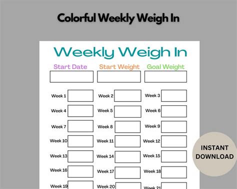 Weekly Weigh In Printable Colorful Weekly Weight Loss Tracker Six Month