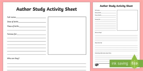 Free Author Study Activity Sheet I Love Reading Ks