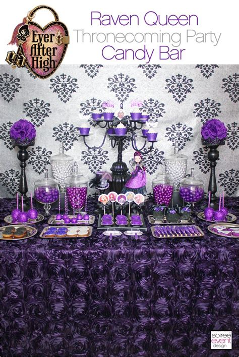 a table topped with lots of purple candy bar decorations and desserts on top of it