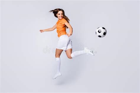 Full Body Profile Photo Of Skilled Joyful Lady Soccer Team Player Euro 2020 League Run Pass Ball