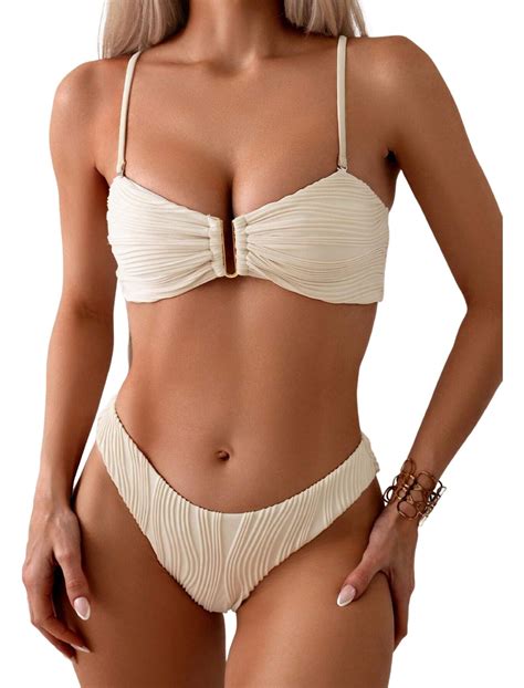 ZAFUL Women S Sexy Tie Spaghetti Strap Bikini Textured O Ring Ruched High Leg Swimsuit Cheeky