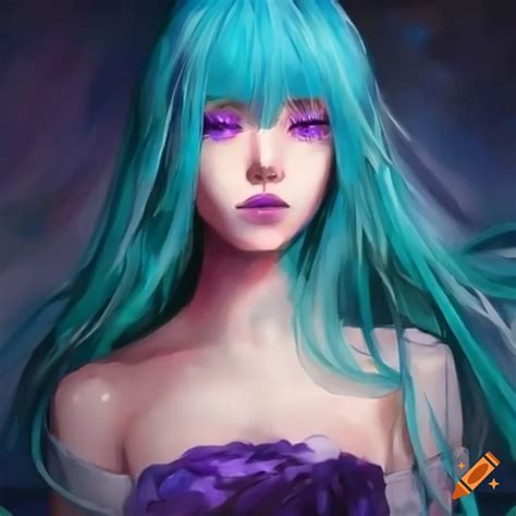 Anime Character With Purple Eyes And Long Cyan Hair On Craiyon