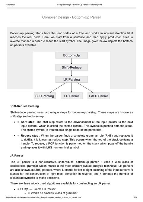 Bottom Up Parser Shift Reduce LR 4 16 2021 Compiler Design Bottom