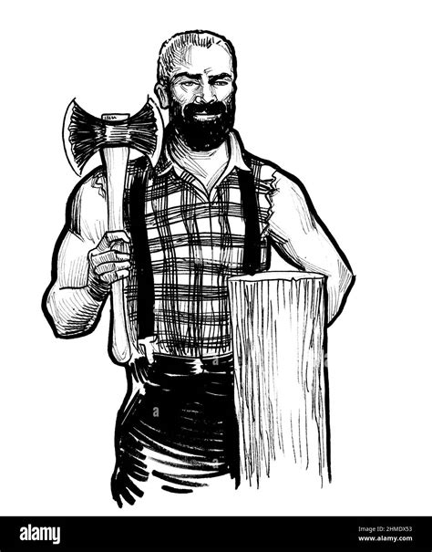 Canadian Lumberjack With Axe Ink Black And White Drawing Stock Photo