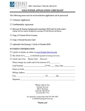 Fillable Online Synergyservices VOLUNTEER APPLICATION CHECKLIST