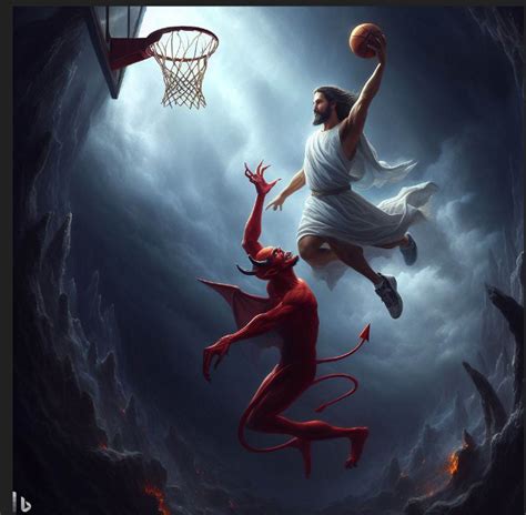 Create An Image Of Jesus Christ Crossing Up The Devil And Dunking A