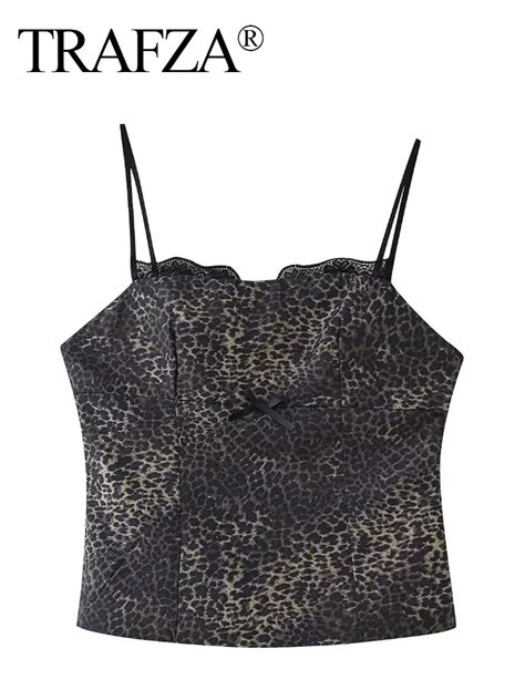 TRAFZA 2024 Summer Leopard Printed Women Camis Backless Sleeveless Lace