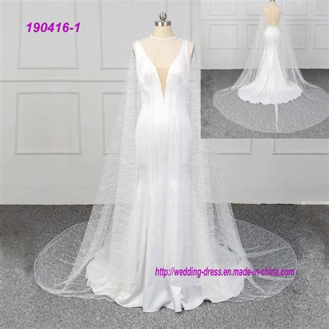 Satin Bridal Dress With Cape A Line Deep V Straps Wedding Gowns China