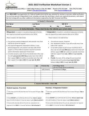 Fillable Online 2021 2022 Verification Worksheet Version 1 Fax Email