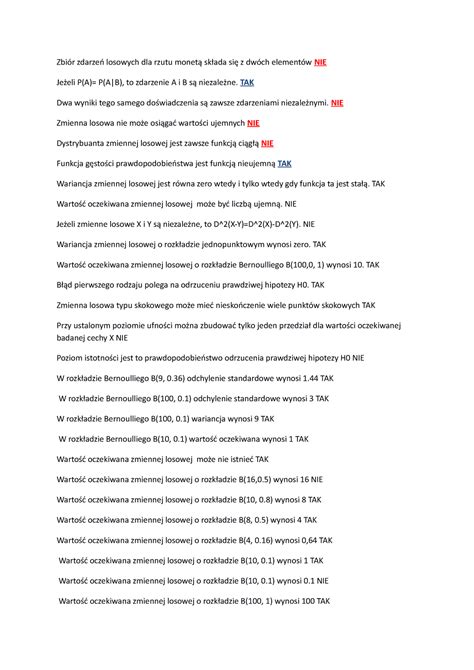 Rachunek Prawdopodobie Stwa I Statystyka Zbi R Zada Egzamin
